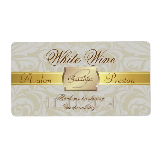Oyster Damast Goud Monogram Bruiloft Wijn Label (Voorkant)