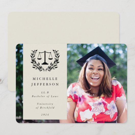 Oyster Law Scales + Laurel WreatAfstuderen Foto Aankondiging (Voorkant / Achterkant)