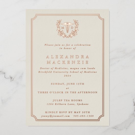 Oyster MD Caduceus+Laurel Wreated Afstuderen Folie Uitnodiging (Voorkant)