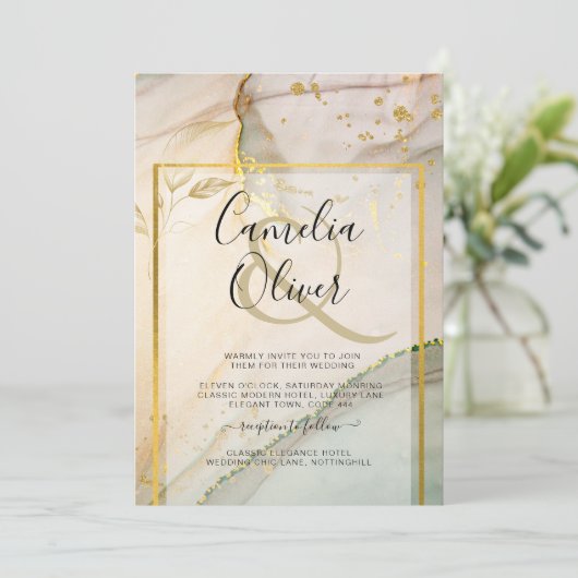 Oyster Parel Goud TROUWEN Alcohol Inkt Abstract Kaart (Staand voorkant)