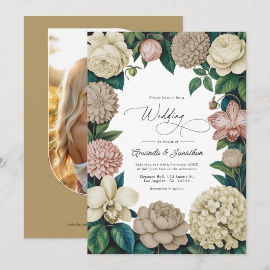 Oyster Pearl, Soft Taupe & Champagne Blush Wedding Kaart (Voorkant / Achterkant)