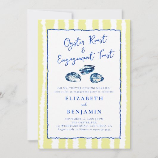 Oyster Roast Blue Yellow Stripes Engagement Party Kaart (Voorkant)
