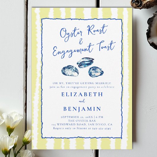 Oyster Roast Blue Yellow Stripes Engagement Party Kaart