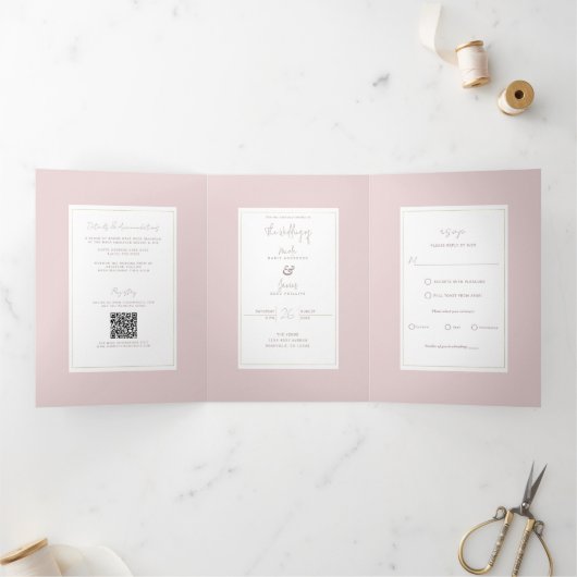 Oyster Roze & Goud Modern Minimal Wedding Drieluik Uitnodiging (Binnen)