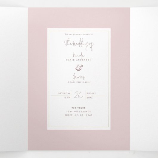 Oyster Roze & Goud Modern Minimal Wedding Drieluik Uitnodiging (Binnenkant midden)