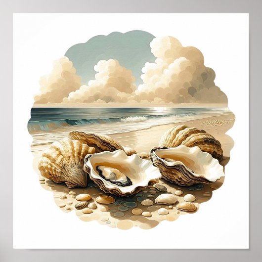 Oyster Shells op een zandstrand Poster (Voorkant)