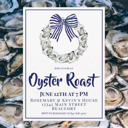 Oyster Wreath Blue Striped Ribbon Oyster Roast Kaart