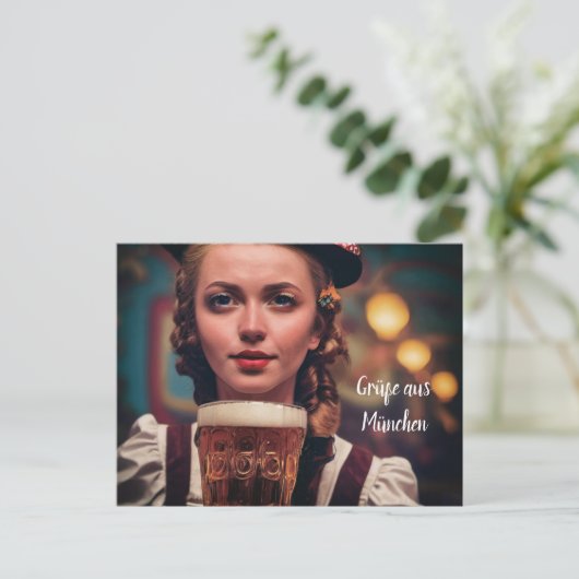 O'Zapft wel. Frau im Dirndl mit Bier München Wiens Briefkaart (Staand voorkant)