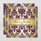 P1 Elegant Gold Paars Damask nodigt Sjabloon uit Kaart (Voorkant / Achterkant)