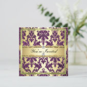 P1 Elegant Gold Paars Damask nodigt Sjabloon uit Kaart (Staand voorkant)