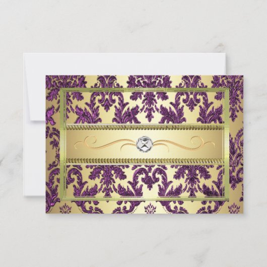 P1 Gold Paarse Damask Sla de datumkaart op Save The Date (Achterkant)