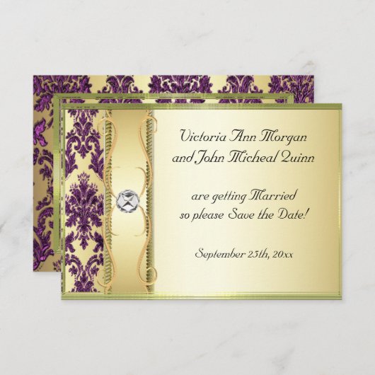 P1 Gold Paarse Damask Sla de datumkaart op Save The Date (Voorkant / Achterkant)