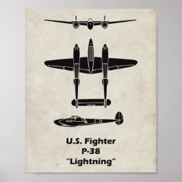 P-38 Lightning WWII-vliegtuigposter Poster