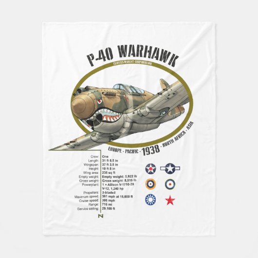 P-40 WARHAWK CURTIS FLYING TIGERS PLANE FLEECE DEKEN (Voorkant)