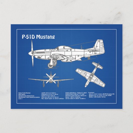 P-51D Mustang - Vliegtuigblauwdruk ABD Briefkaart (Voorkant)