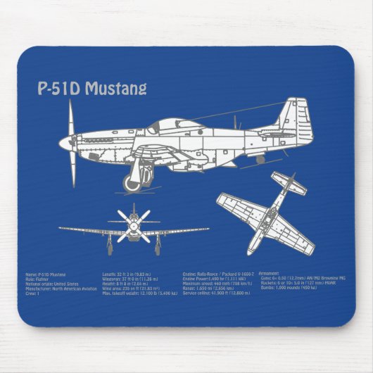 P-51D Mustang - Vliegtuigblauwdruk ABD Muismat (Voorkant)