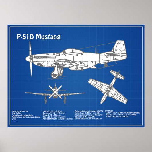 P-51D Mustang - Vliegtuigblauwdruk ABD Poster (Voorkant)