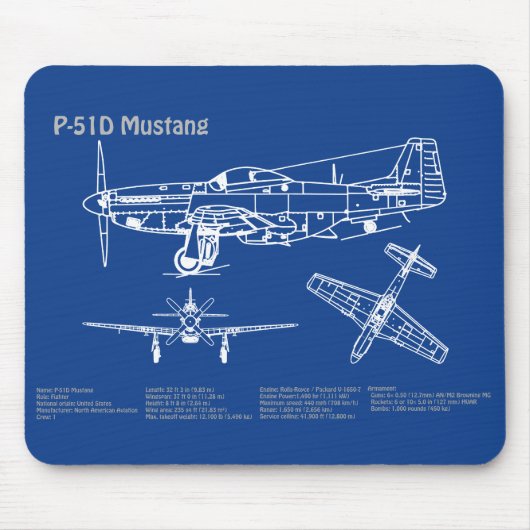 P-51D Mustang - Vliegtuigblauwdruk AD Muismat (Voorkant)
