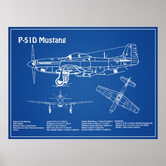 P-51D Mustang - Vliegtuigblauwdruk AD Poster (Voorkant)