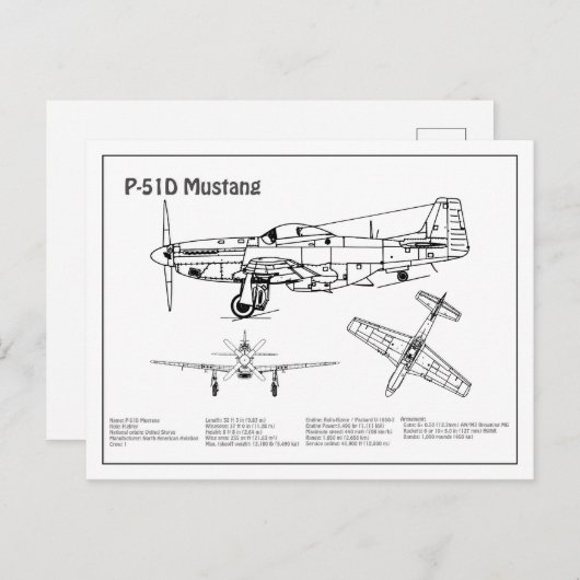 P-51D Mustang - Vliegtuigblauwdruk BD Briefkaart (Voorkant / Achterkant)