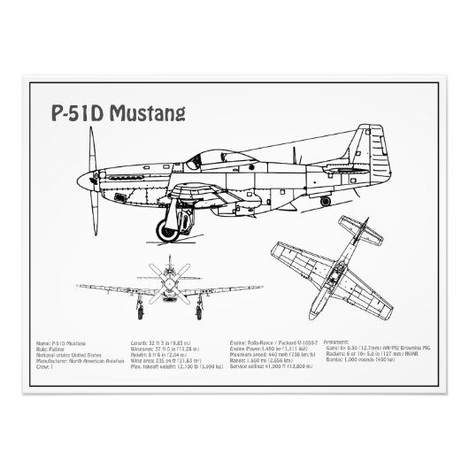 P-51D Mustang - Vliegtuigblauwdruk BD Foto Afdruk (Voorkant)