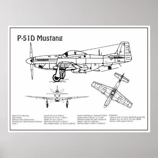 P-51D Mustang - Vliegtuigblauwdruk BD Poster (Voorkant)