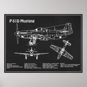 P-51D Mustang - Vliegtuigblauwdruk PD Poster