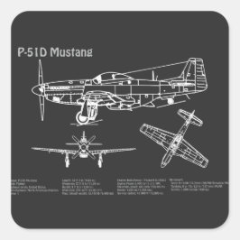 P-51D Mustang - Vliegtuigblauwdruk PD Vierkante Sticker