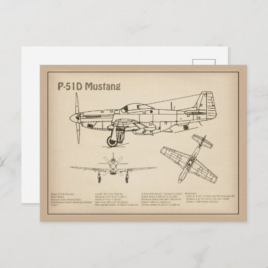 P-51D Mustang - Vliegtuigblauwdruk SD Briefkaart (Voorkant / Achterkant)