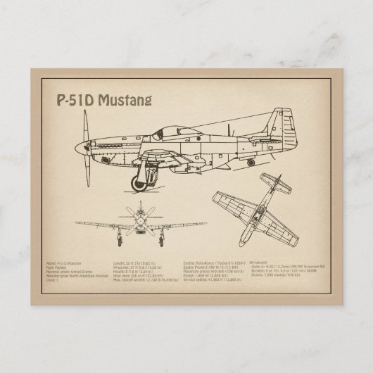 P-51D Mustang - Vliegtuigblauwdruk SD Briefkaart (Voorkant)