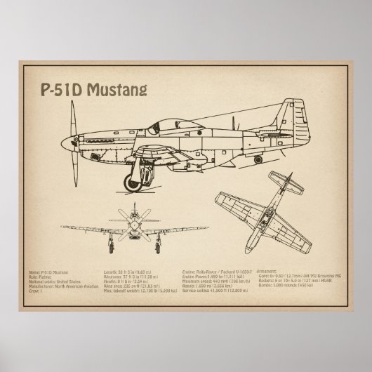 P-51D Mustang - Vliegtuigblauwdruk SD Poster (Voorkant)