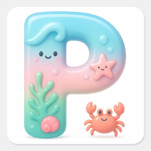 "P" Cute Letter - Underwater Sea Creature Vierkante Sticker (Voorkant)