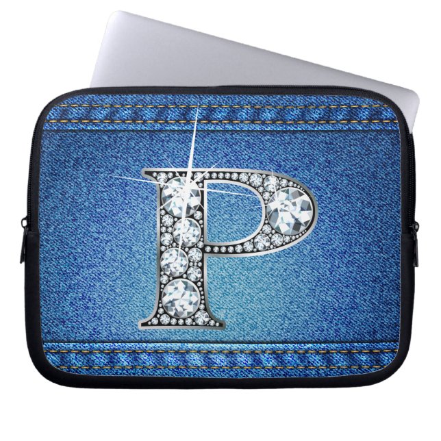 P Faux "Diamond" Denim Stitching Electronics Bag Laptop Sleeve (Voorkant)