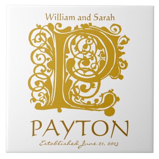 P Gold Monogram op Wit - Namen Trouwdatum Tegel Tegeltje (Voorkant)
