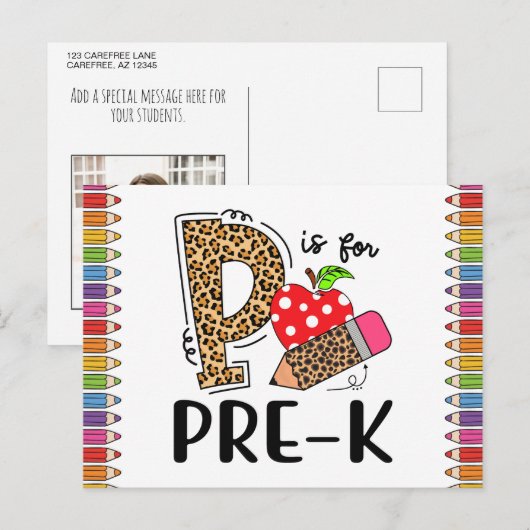 P is voor PRE-K Terug naar school leraar Foto Briefkaart (Voorkant / Achterkant)