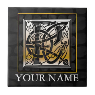 P "Jouw naam" Celtic Black Stone Monogram Tile Tegeltje