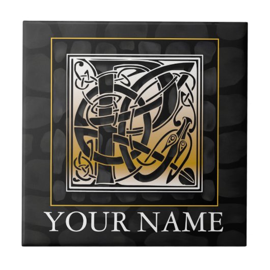 P "Jouw naam" Celtic Black Stone Monogram Tile Tegeltje (Voorkant)