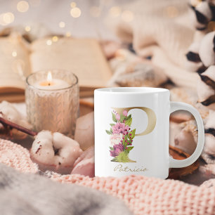 P Letter Gold Monogram roze witte magenta Floral Grote Koffiekop