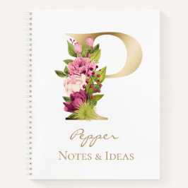 P Letter Gold Monogram roze witte magenta Florals Notitieboek