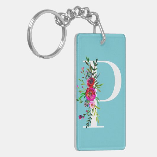 P Letter Initiaal Monogram Bloemen Aangepaste kleu Sleutelhanger (Voorkant Links)