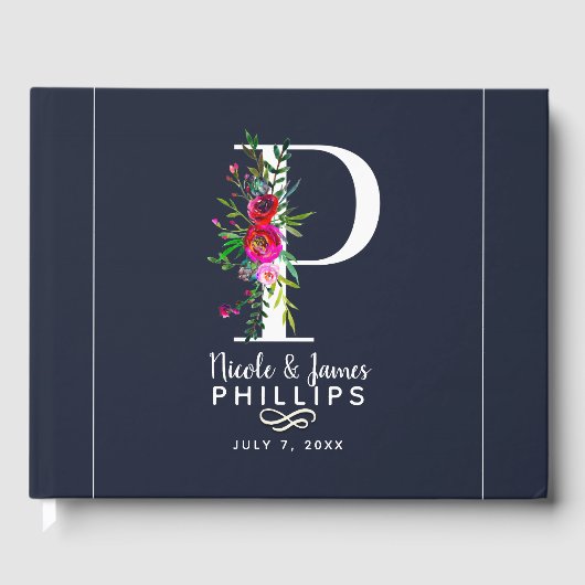 P Letter Initiële Monogram Bloem Naam Bruiloft Gastenboek (Voorkant)
