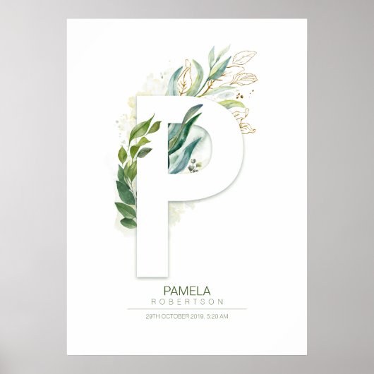 P Letter Monogram Gold Greenery Foliage Chic Poster (Voorkant)