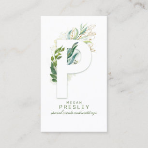 P Letter Monogram Gold Greenery leest elegant Visitekaartje