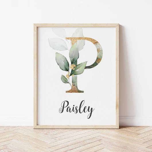 P Letter Monogram Groene Nursery Naam Muurprint Poster
