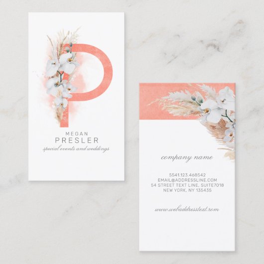 P Letter Monogram White Orchids and Pampas Grass Visitekaartje (Voorkant / Achterkant)