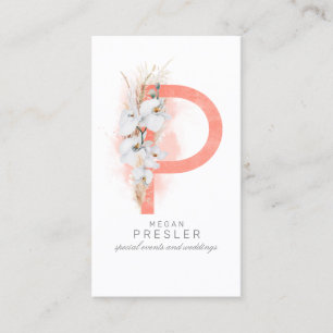 P Letter Monogram White Orchids and Pampas Grass Visitekaartje