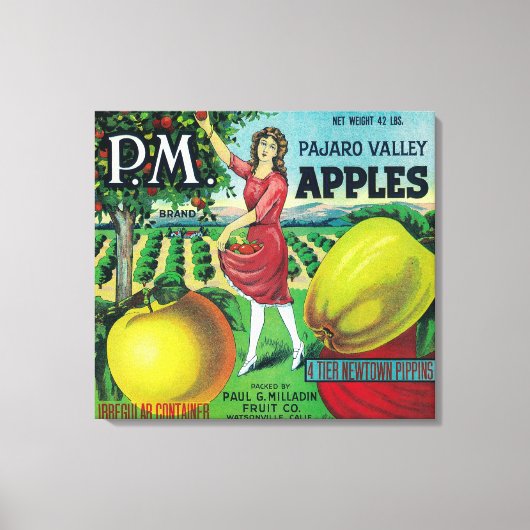 P.M. Apple Crate LabelWatsonville, CA Canvas Afdruk (Voorkant)