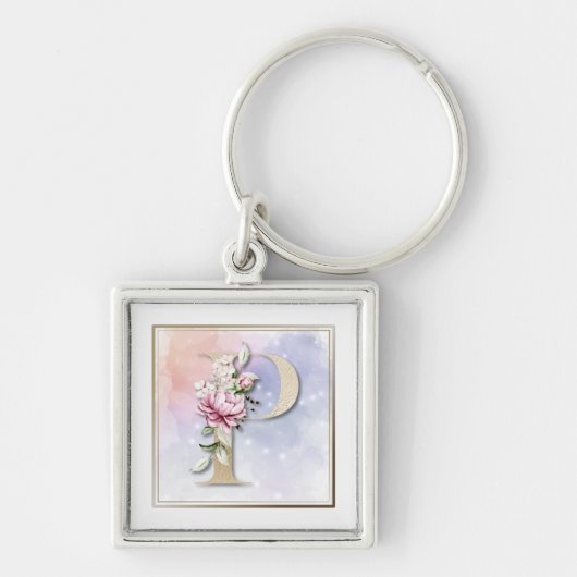 P Monogram Bourgogne Floral Sleutelhanger (Voorkant)