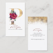 P Monogram Bourgondische rode bloemen en gouden gl Visitekaartje (Voorkant / Achterkant)