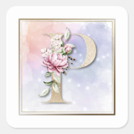 P Monogram Burgundy Floral Square Sticker